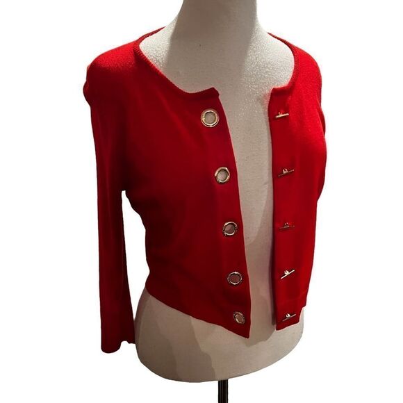 Calvin Klein Cardigan Sweater Red Cropped with Gold Toggle Closure size Medium - Picture 7 of 10